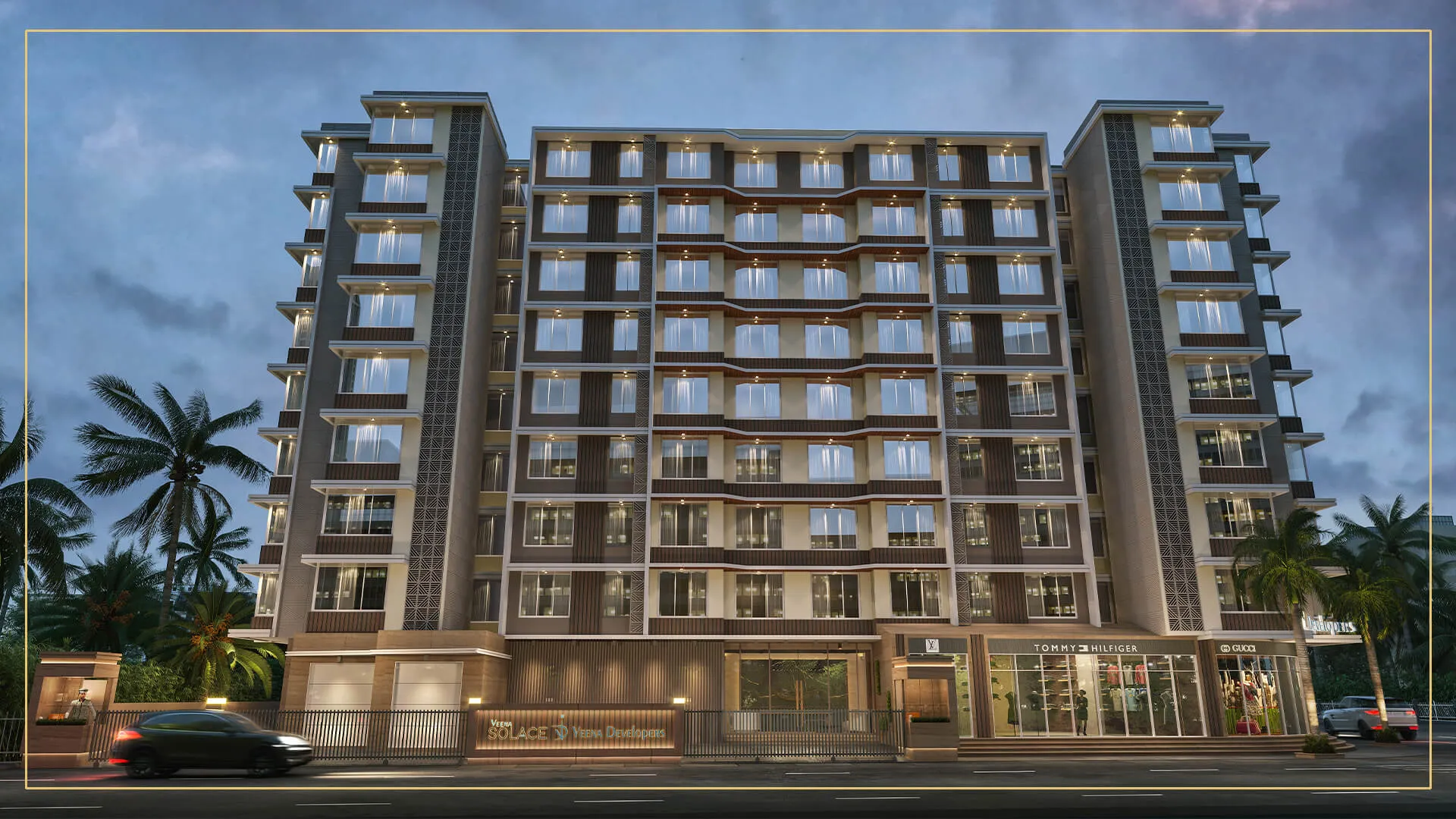 Veena Solace exterior tower and podium rendering